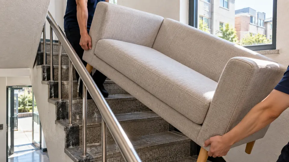 장안면 유품정리 안내 그림 · 소파를 계단으로 옮기는 모습